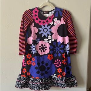 Zaza Couture Kids Floral and Striped Dress - Pink, Blue, and Black